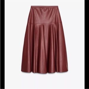 Zara Burgundy Faux Leather A-Line Midi Skirt